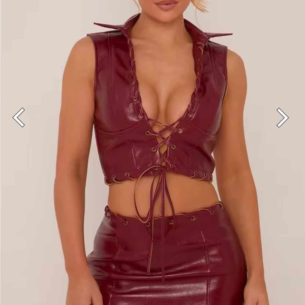 Red Sleeveless Crop Top with Tie Front and Mini Skirt